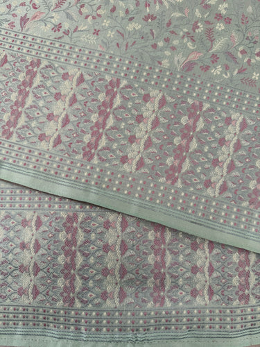 Satin Silk Saree from Banaras| Tanchoi weave | Light Gray Green | Handwoven | No Zari | Silk Mark Certified | Ships from California